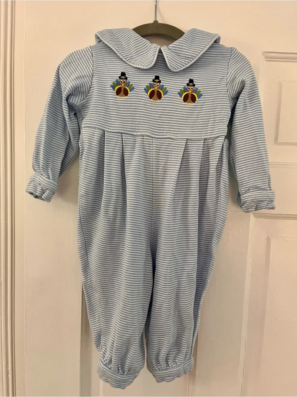 Light Blue Striped baby romper with Turkey Embroidery for Thanksgiving: size 12M